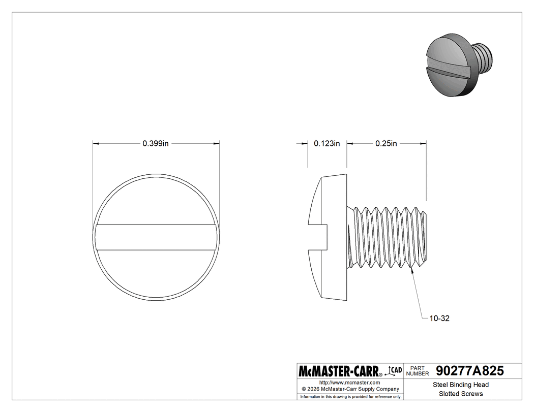 Technical Drawing of Steel Binding Head Slotted Screws, Steel, 10-32 Thread Size, 1/4" Long.